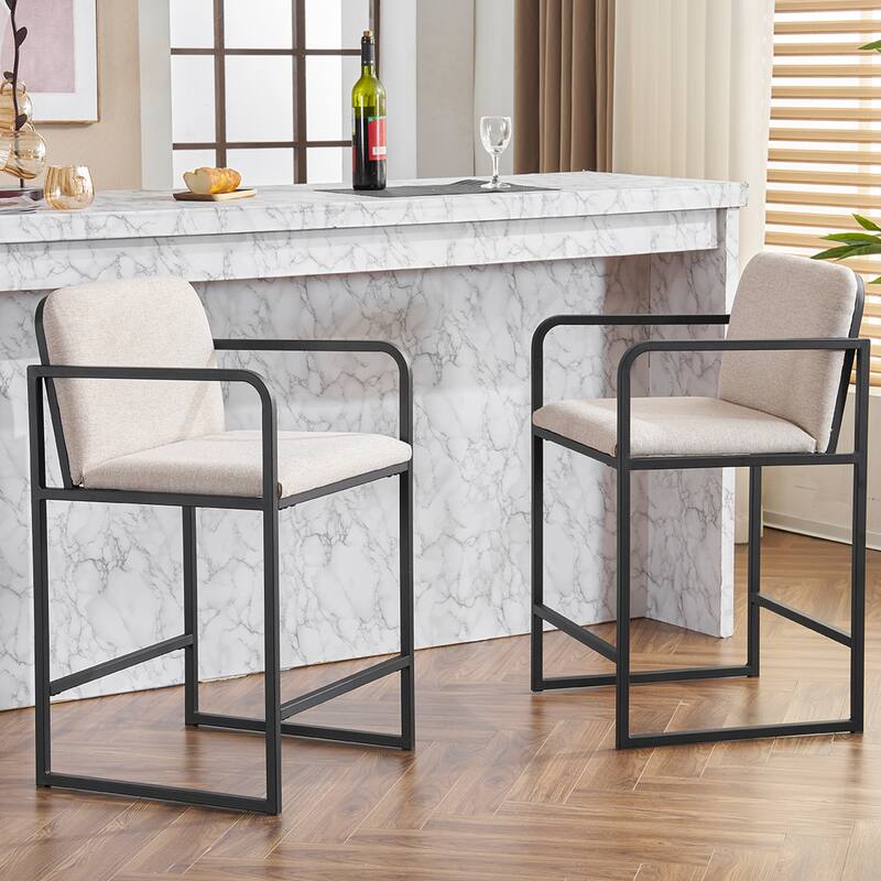 Upholstered Counter Height Bar Stool with Armrests, Metal Frame and Padded Seat, Dining Chair for Kitchen Island, Restaurant