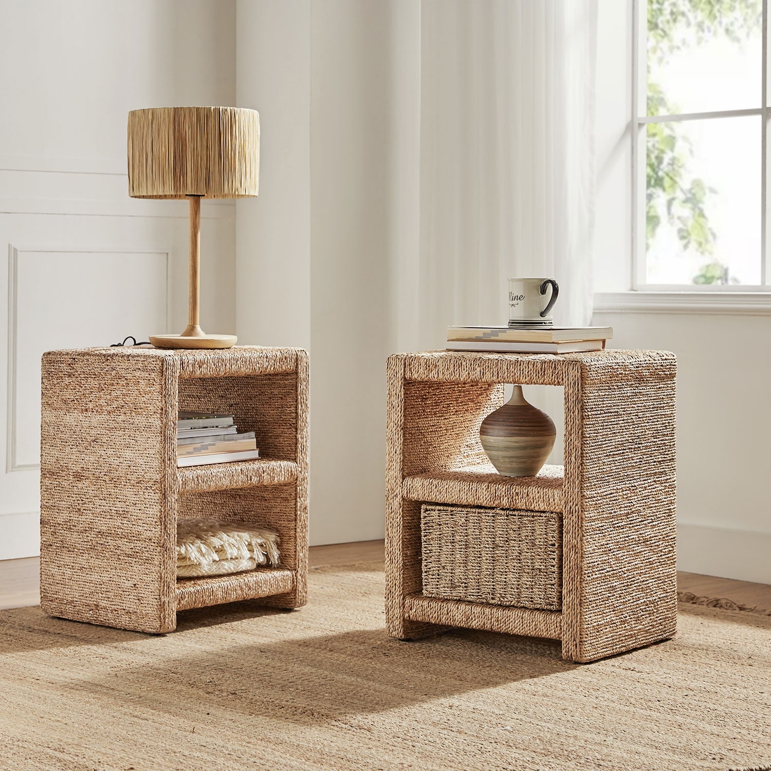 HULALA HOME Dominik Farmhouse 24"H Woven Grass Rope Side End Table with Two Open Shelves Set of 2