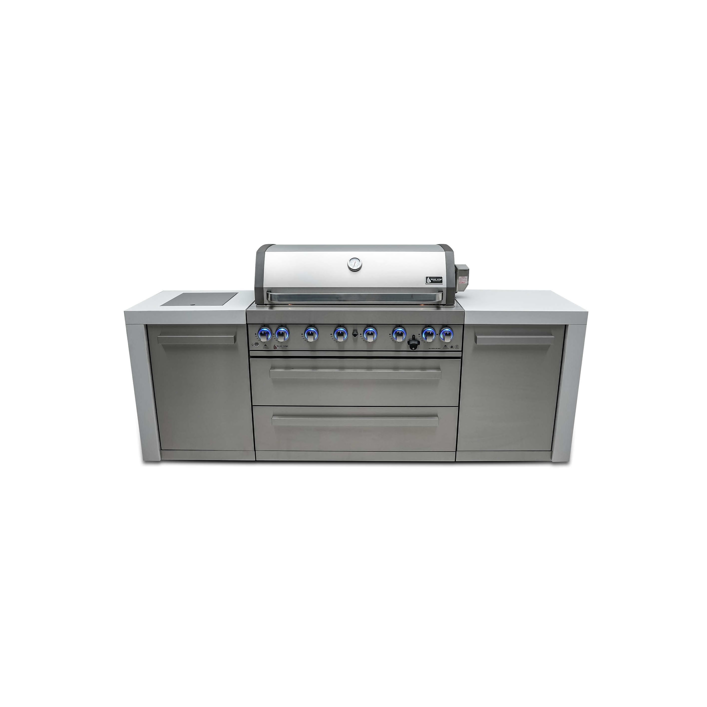 Mont Alpi Premium 94"W x 23"D Deluxe Stainless Steel Modular Outdoor Kitchen Island with Side Burner + 44"W 6-Burner BBQ Grill
