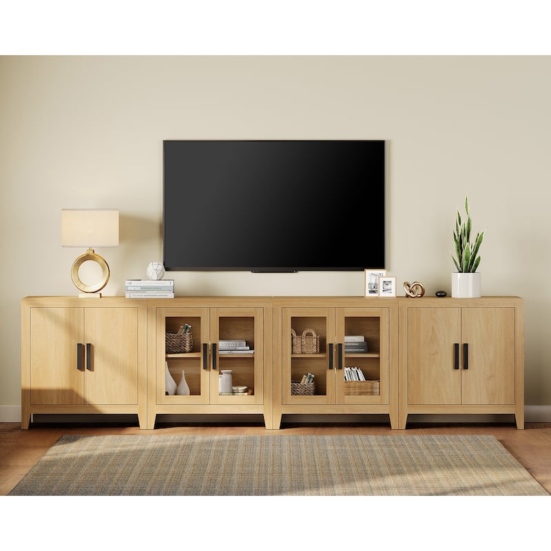 WAMPAT Large Farmhouse TV Stand with Glass Door & Cabinet Storage, Rustic Media Console for up to 110-inch TVs - Oak