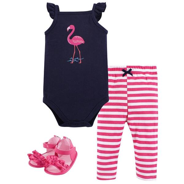 slide 1 of 1, Hudson Baby Infant Girl Cotton Bodysuit, Pant and Shoe 3pc Set, Bright Flamingo 0-3 Months - Bright Flamingo