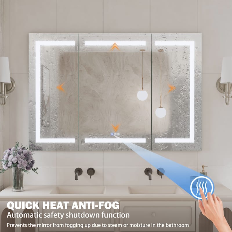 Rectangular Aluminum Recessed/Surface Mount Frameless Anti-Fog Medicine Cabinet with Dimmable LED Lights