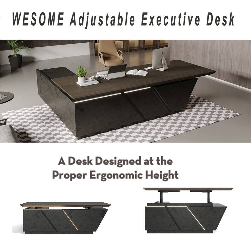 Adjustable Executive CEO Office L Shaped Desk with Drawer File Cabinets and LED Light