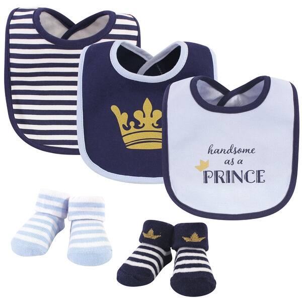 slide 1 of 1, Hudson Baby Infant Boy Cotton Bib and Sock Set 5pk, Handsome As A Prince, One Size - Handsome As A Prince - One Size