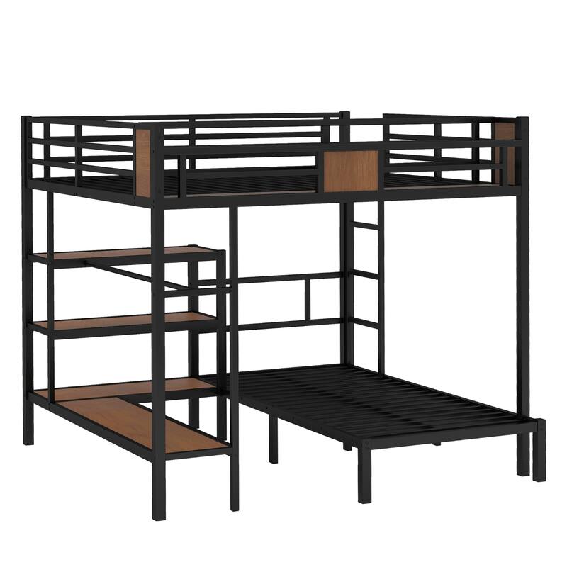 Queen-over-Twin Metal Bunk Bed with Upper Storage Area, Lower Shelves and Hangers