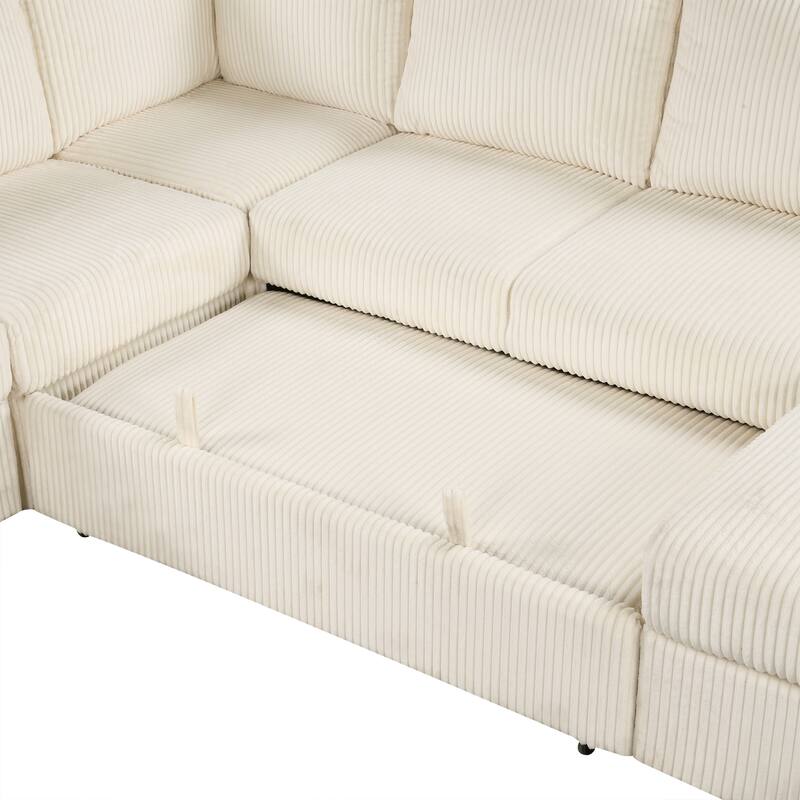 115.6" Corduroy U-Shaped Sectional Sofa with Pull-out Bed, Storage & USB Ports