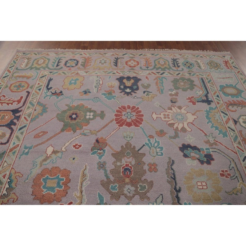 Floral Purple Oushak Area Rug Handmade Wool Carpet - 8'1"x 9'11"