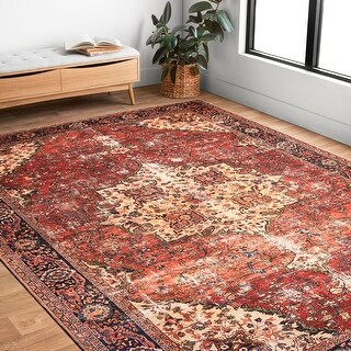 Alexander Home Alexander Home Tremezzina Printed Distressed Medallion Area Rug 2 6 X 7 6 Runner 2 6 X 7 6 Runner Red Navy From Overstock Com Daily Mail