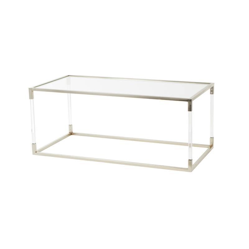 Clear Acrylic Plastic Cube Shaped Living Room Coffee Table with Silver Frame Supports