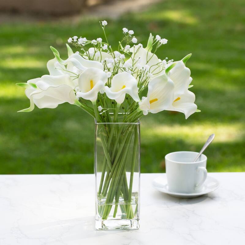 Enova Home Mixed Artificial Real Touch Lily and Baby Breath Flower Arrangement in Clear Glass Vase with Faux Water - Cream White