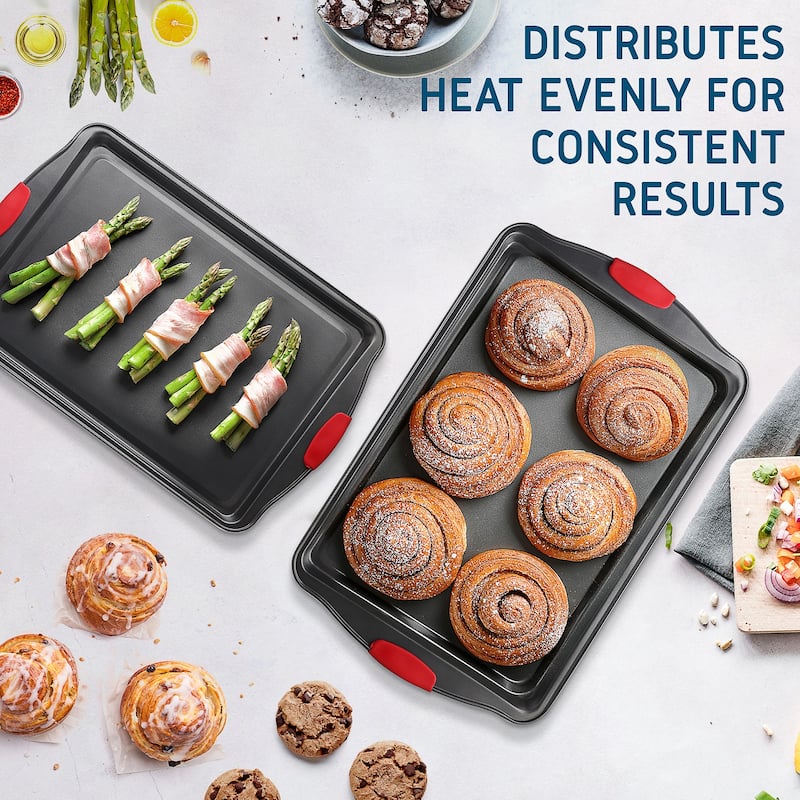 JoyTable Nonstick Steel Baking Sheet - 2PC Cookie Sheet Set with Silicone Handles - Black BPA Free Baking Pan for Oven