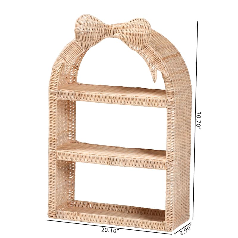 Creusa Natural Rattan Wall Shelf - 3-Tier Decorative Storage Rack with Arched Frame and Woven Bow Accent, Coastal Display Shelf