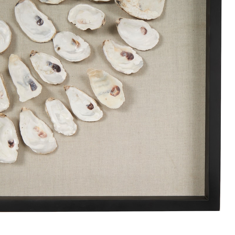 Cream Shell Handmade Abstract Circular Shell Wall Decor with Beige Linen Backing and Black Frame