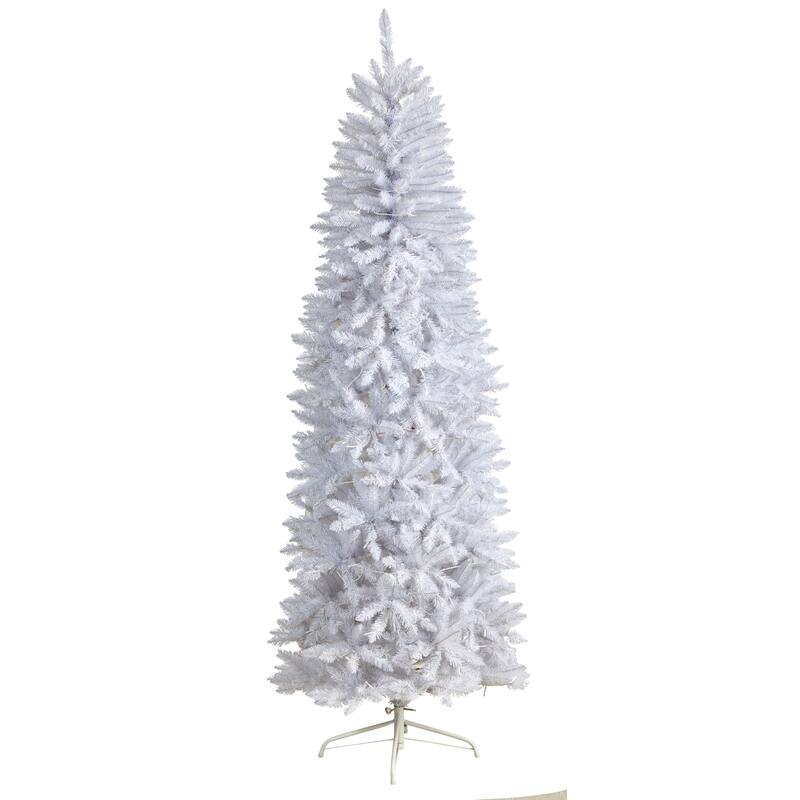 7’ Pre-Lit Slim White Artificial Christmas Tree, Warm Clear LED Lights - 7 Foot