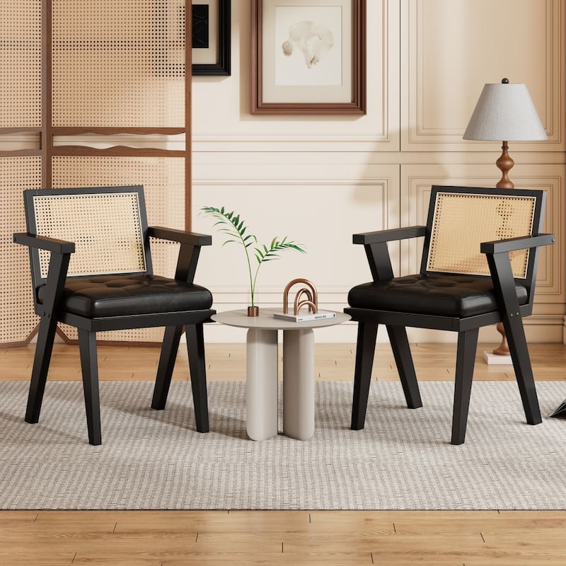 Mid-Century Modern Chair Accent Chair with Handcrafted Rattan Backrest and Padded Seat - 25.30" L x 22.80" W x 31.60" H