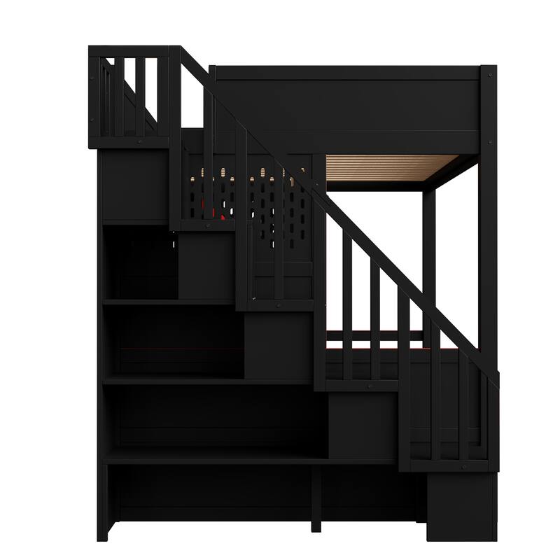 Roomfitters Full Size Gaming Loft Bed with Integrated Desk and Storage Stairs, Heavy Duty Metal Frame, Red and Black