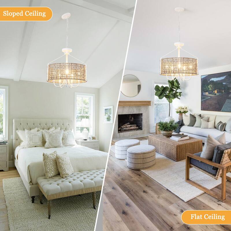 18.35inch 5 Lights Adjustable Height Bohemian Chandelier with Hand Woven Rattan Shade Suitable for Multiple Rooms