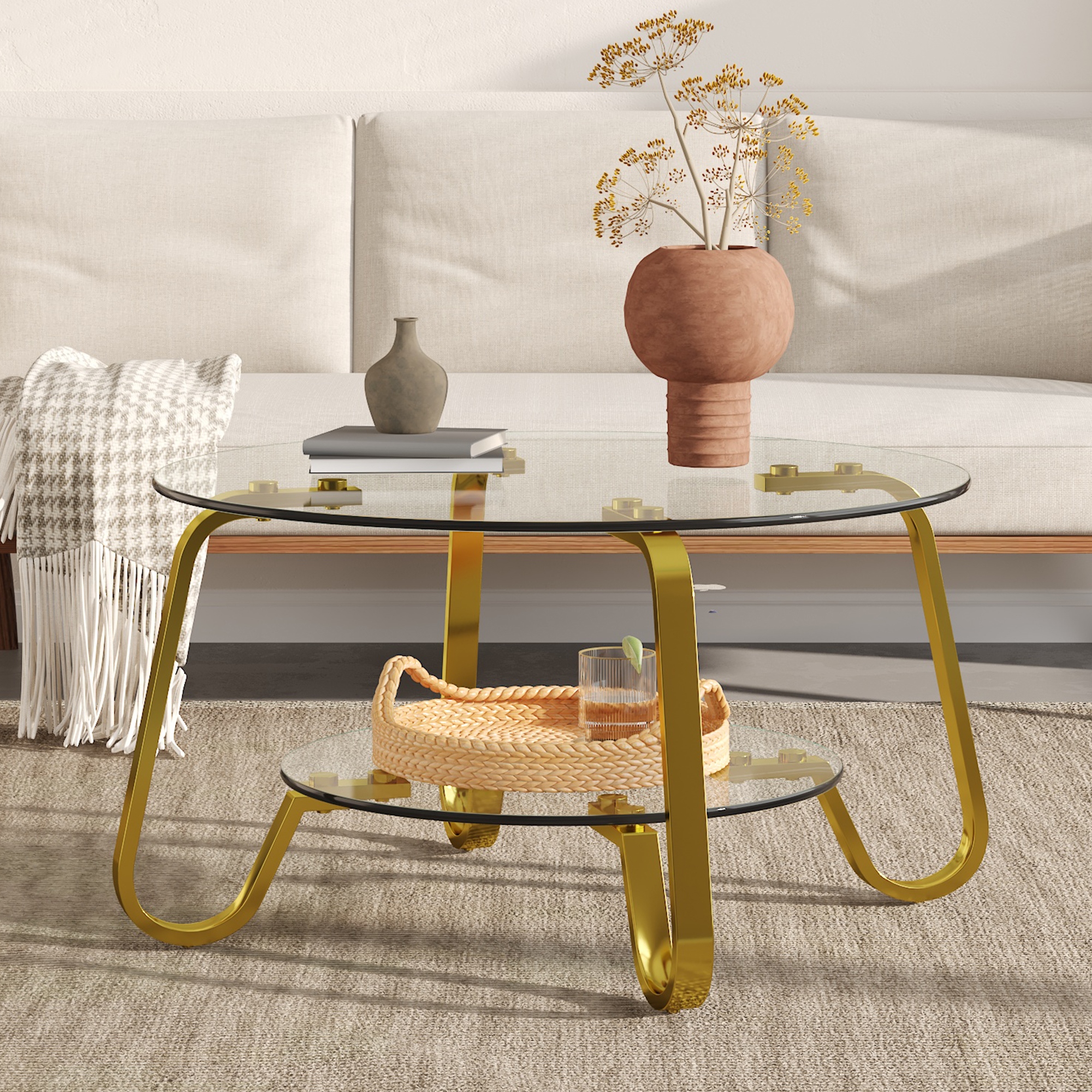 Retro Minimalist Metal Frame Glass Coffee Table, 31.5