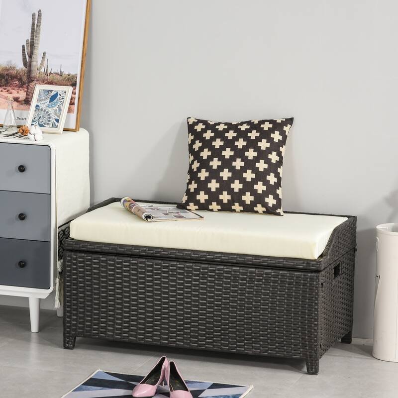 Outsunny PE Rattan Patio Storage Bench with Interior Water-Fighting Cloth Bag & Comfortable White Top Cushion - 40.25" W x 20" D x 20.5" H - White