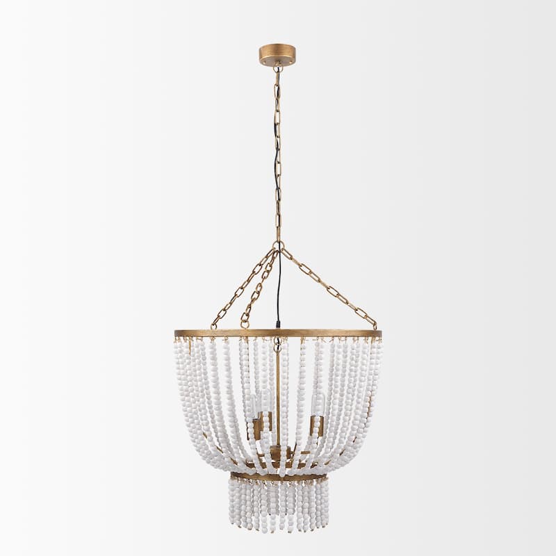 Rhone White Wood Beads w/ Gold Metal Frame 3 Bulb Chandelier