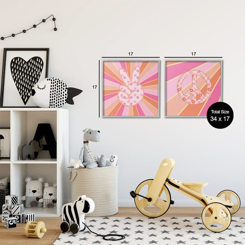 Stupell Groovy Peace Symbols on Stripes Framed Giclee Art Design By Jesse Keith (Set of 2)