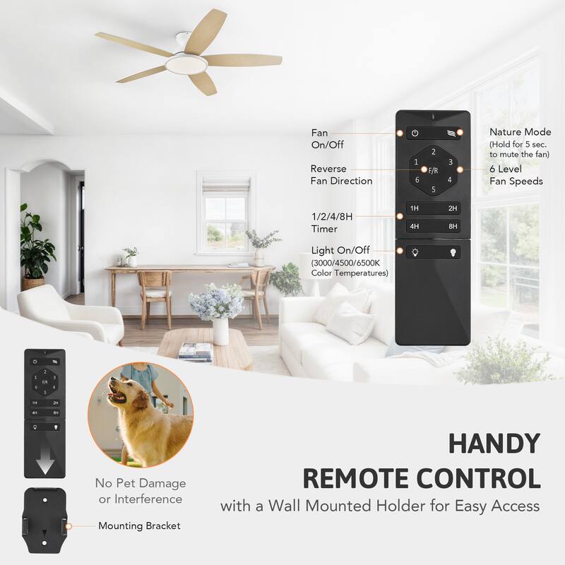 5 - Blade Low Profile Flush Mount Modern Ceiling Fan with 3CCT LED Light and Remote