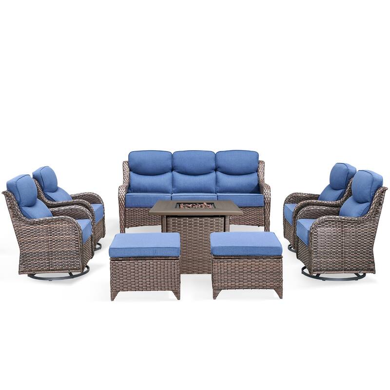 Pocassy 8 Pieces Outdoor 6" Sofa Swivel Chair Ottoman with Fire Pit Table