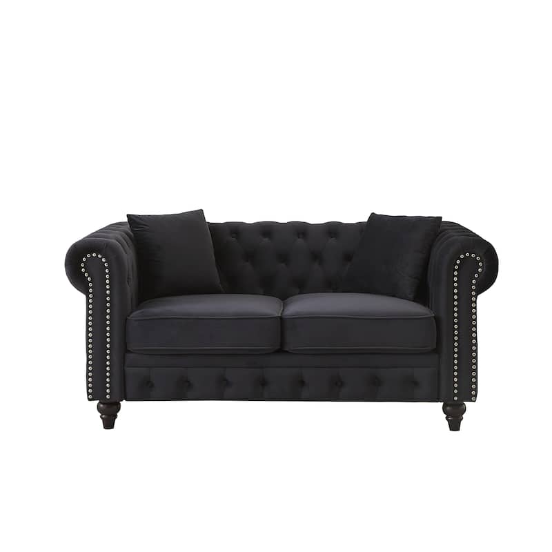 63.5"Sectional Sofa, Button Tufted With Nail Design Arms With 2 Pillows, Upholstered Fabric And Wood Legs