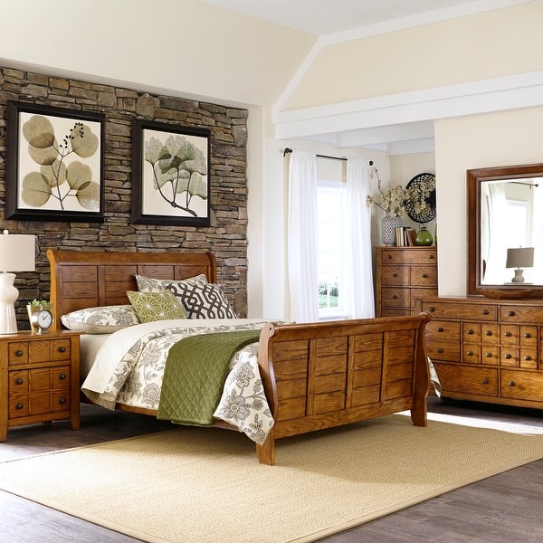 slide 2 of 80, Liberty Furniture Grandpa's Cabin Sleigh Bed, Dresser, Mirror, Chest, Night Stand - California King, King or Queen Aged Oak Brown - California King - 5 Piece