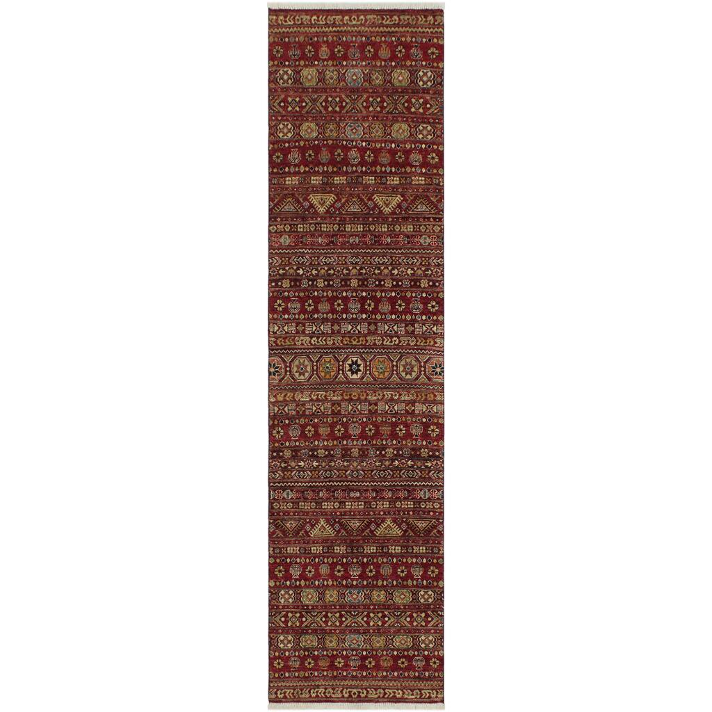 Transitional Khurgeen Delia Red/Green Hand-knotted Wool Rug - 2'8 x 9'4 - 2'7'' x 9'4''