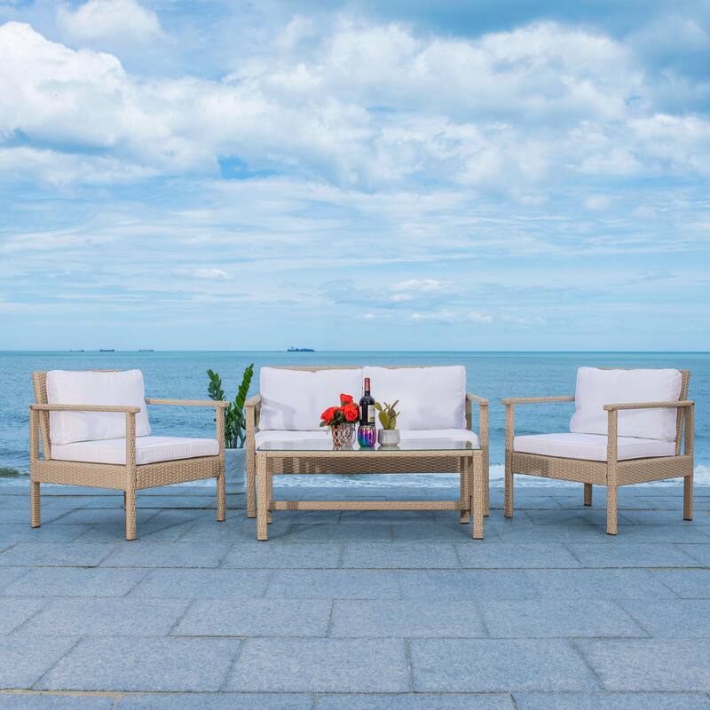 SAFAVIEH Outdoor Alie 4-Piece Wicker Living Set - 51W x 30D x 30H - Beige/White Cushion