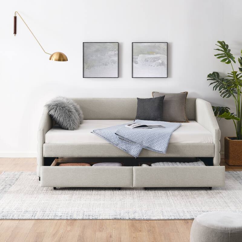 Twin/Full/Queen Size Upholstered Daybed with 2 Drawers, Linen Fabric Upholstered Sofa Bed, Wheeled Storage Daybed w/ Wood Frame
