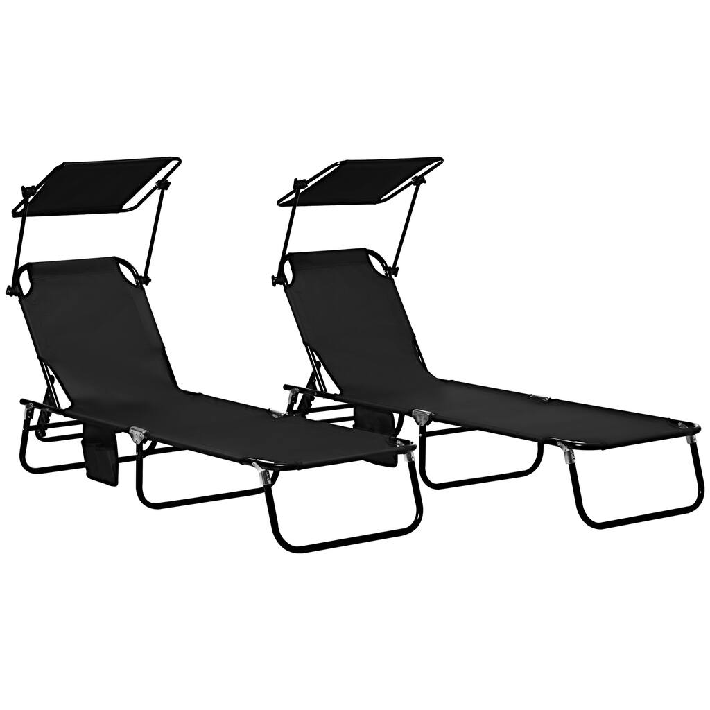 Folding Chaise Lounge Pool Chairs, Sun Tanning Chairs with Canopy Shade, Reclining Back, Steel Frame and Side Pocket