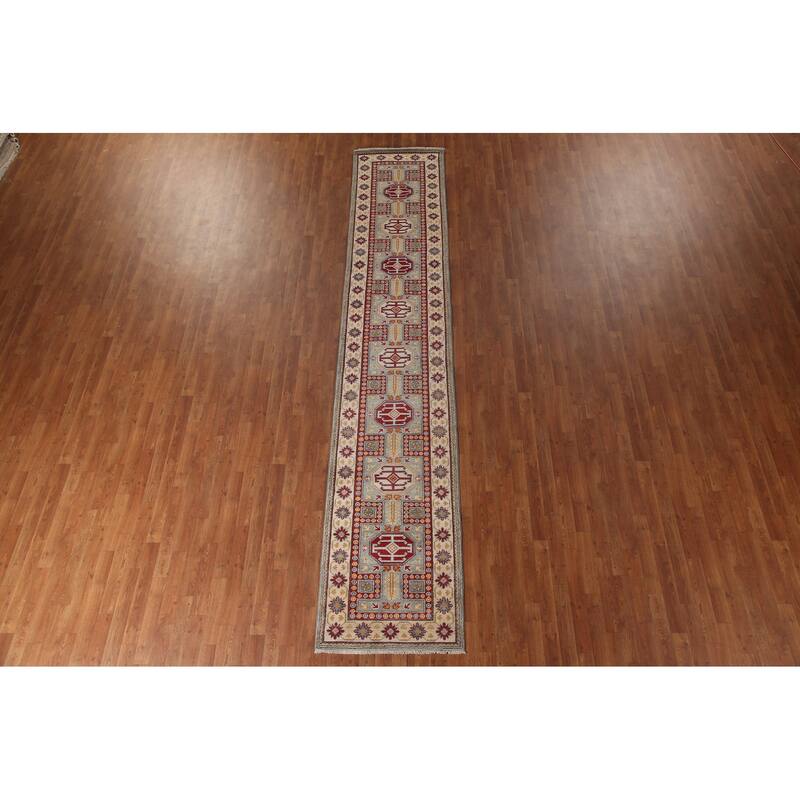 Traditional Blue Kazak Runner Rug Hand-Knotted Oriental Wool Carpet - 2'6" x 13'5"