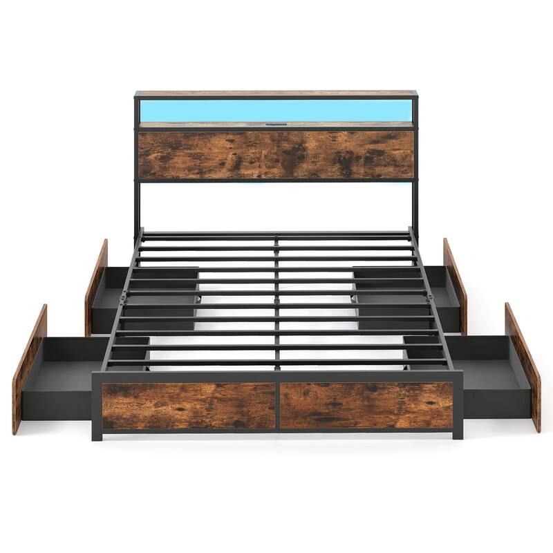 Gymax Queen Size LED Bed Frame w/2-Tier Storage Headboard & 4 Drawers