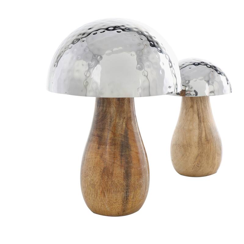 Gold or Silver Stainless Steel Handmade Hammered Mushroom Sculpture with Brown Mango Wood Bases (Set of 3)