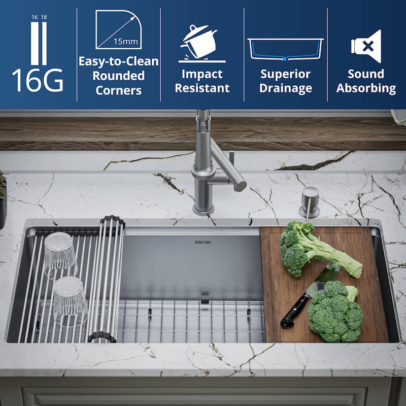 Karran Elite WS-38-PK1 Undermount 36" Single Bowl Stainless Steel Workstation Kitchen Sink