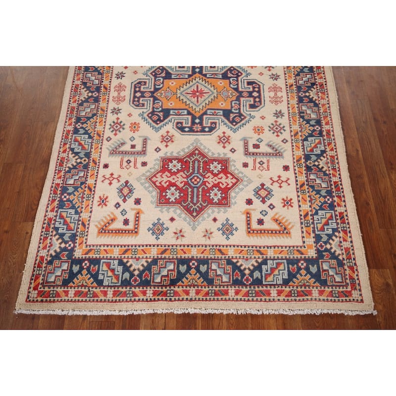 Kazak Area Rug Hand-Knotted Beige Geometric Wool Carpet - 4'0" x 6'1"
