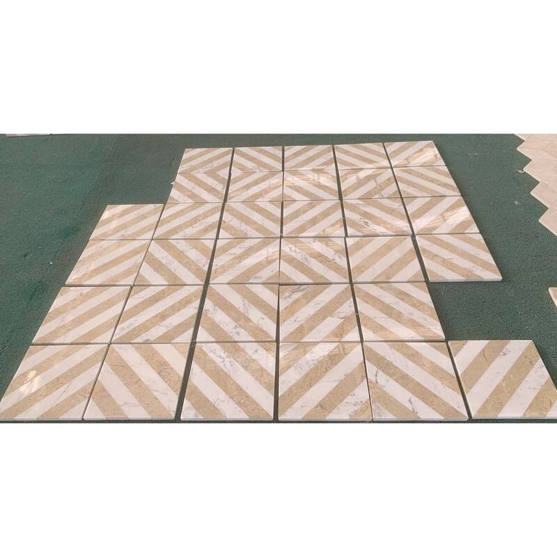 Roomfitters Waterjet Marble Tile for Floor and Wall, Polished Natural Stone, Genuine Marble, 8-Piece Box, White Gold