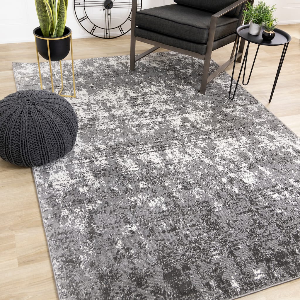 Washable Grey White Abstract Art Area Rug