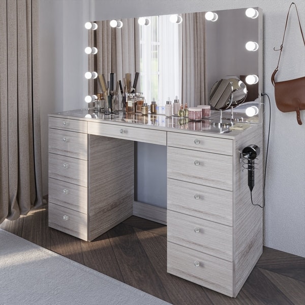 grey vanity dressing table Boahaus Makeup Table, 11 Drawers, Lights, Greige - Bed Bath & Beyond light grey dressing table
