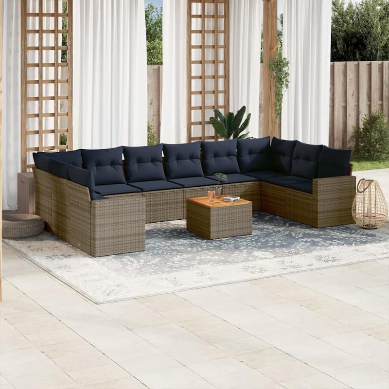 vidaXL 11 Piece Patio Sofa Set with Cushions Grey Poly Rattan - 24.4" x 24.4" x 27.2" - Grey - form1