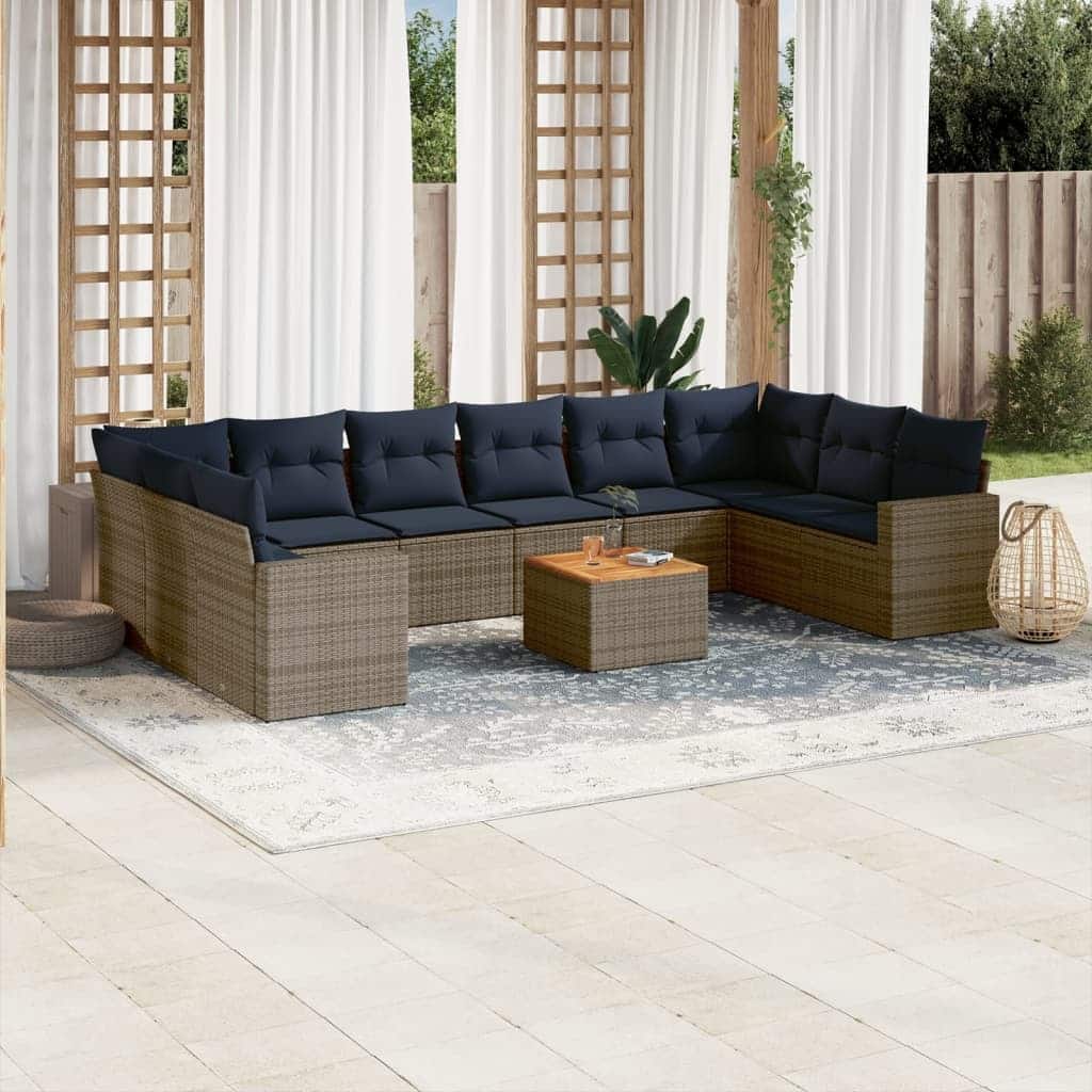 vidaXL 11 Piece Patio Sofa Set with Cushions Grey Poly Rattan - 24.4" x 24.4" x 27.2"