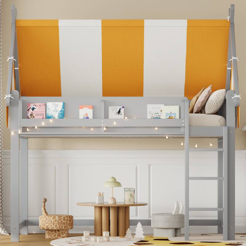 Loft Bed with Bright Yellow White Canopy, House-shaped Bed Frame Design with LED String Lights and Front Display Bookshelf - Grey - Twin
