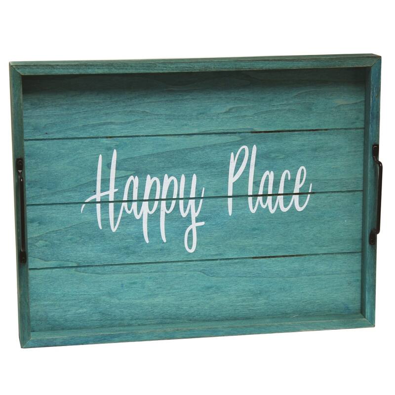 HomeRoots 16" Aqua And White Happy Place Serving Tray With Handles - 15.50 in. x 2.25 in. x 12.00 in.