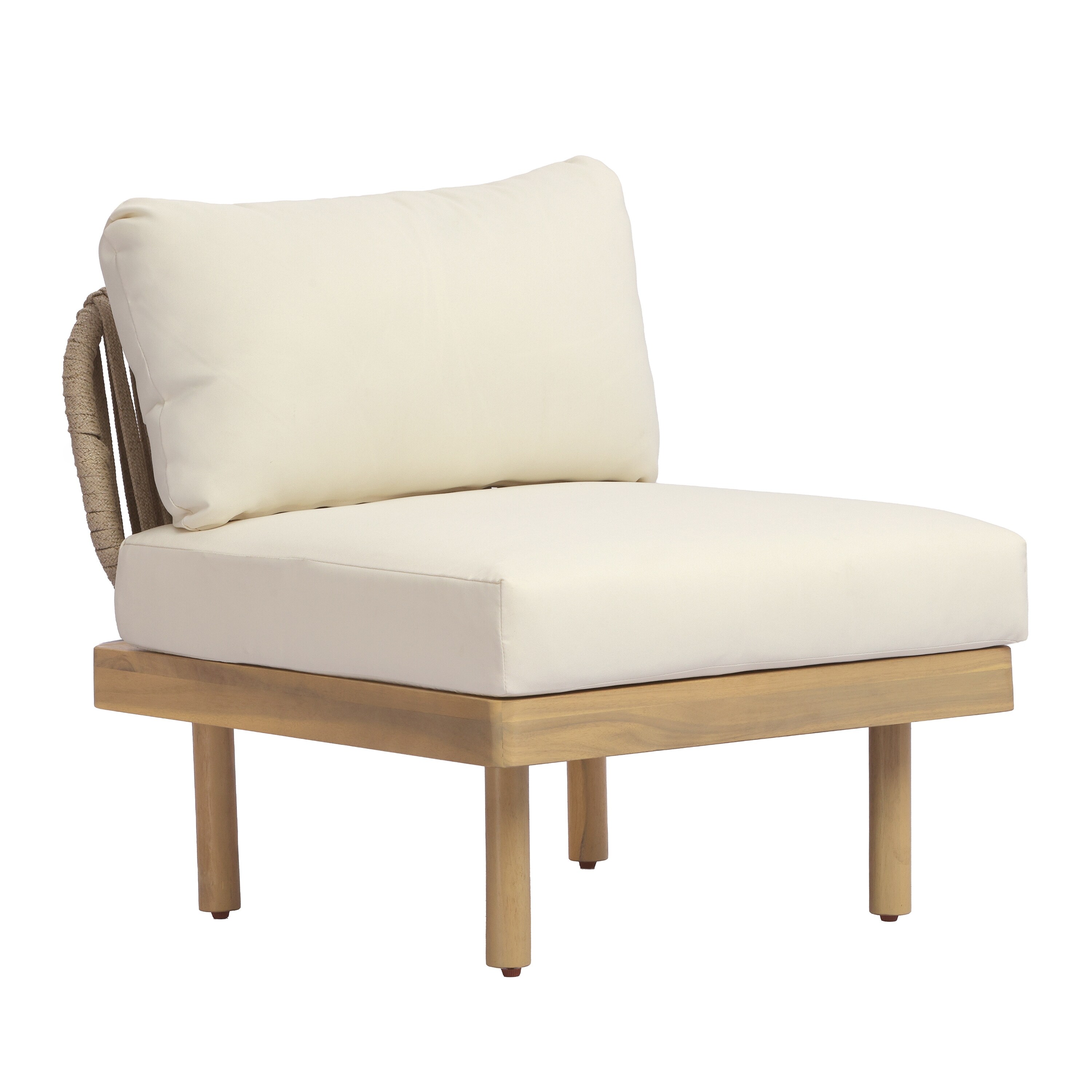 Beige Wood Outdoor Armless Chair Side Chair with Rope Backrest, Coffee Chair Accent Chair Leisure Chair