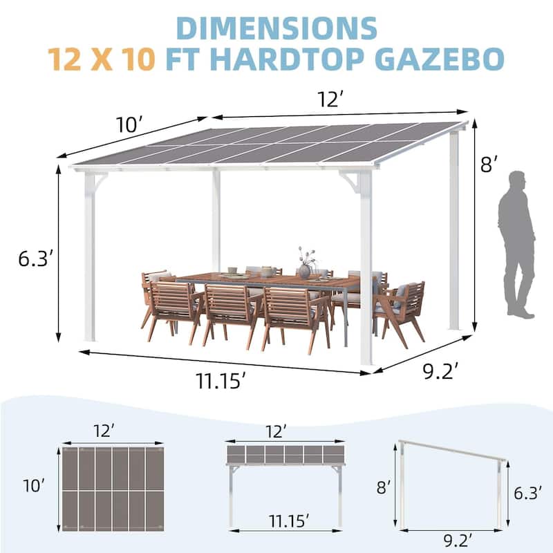 10X12Ft Outdoor Pergola Gazebo, Wall Mounted Lean to Awning Gazebo
