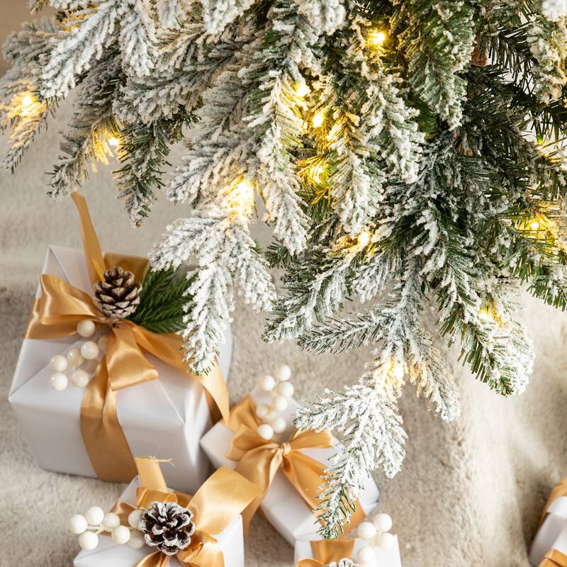 Glitzhome Pre-Lit Flocked Pencil Spruce Artificial Christmas Tree with Warm White Lights