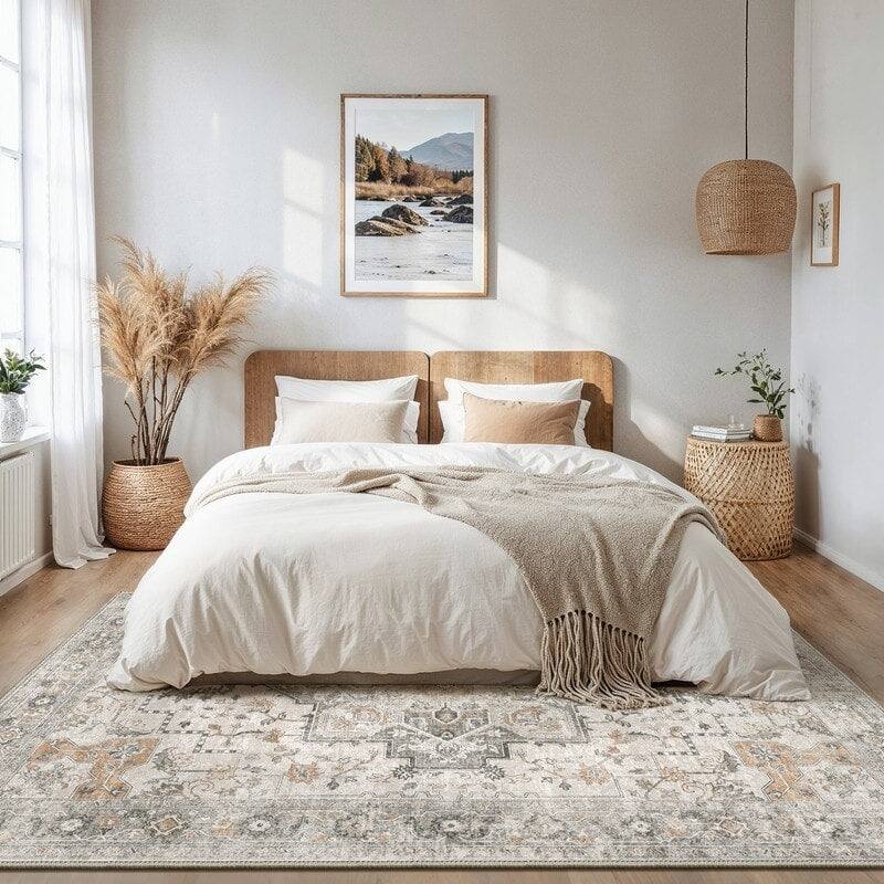 Mcow Vintage Light Taupe Brown Floral Low Pile Machine Washable Runner Rug