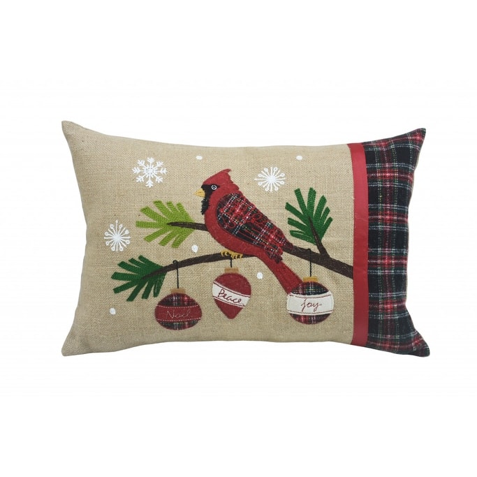 14" X 20" Beige and Red Bird Christmas Jute Pillow With Applique